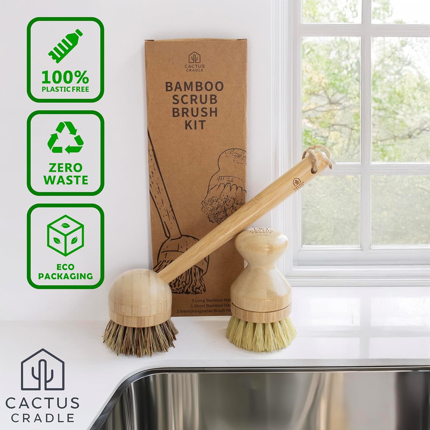 Cactus Cradle Bamboo Scrub Brush Kit – 4-Piece Dish Brush Set W/ 2 Handles