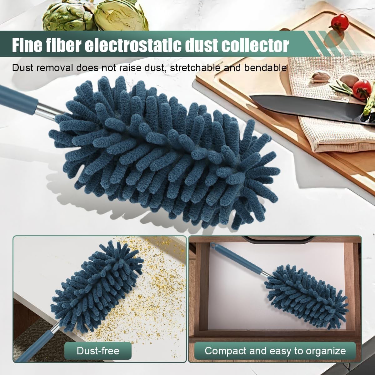 2PCS Car Interior Duster, Soft Chenille Detailing Brush with Exten Color: Blue