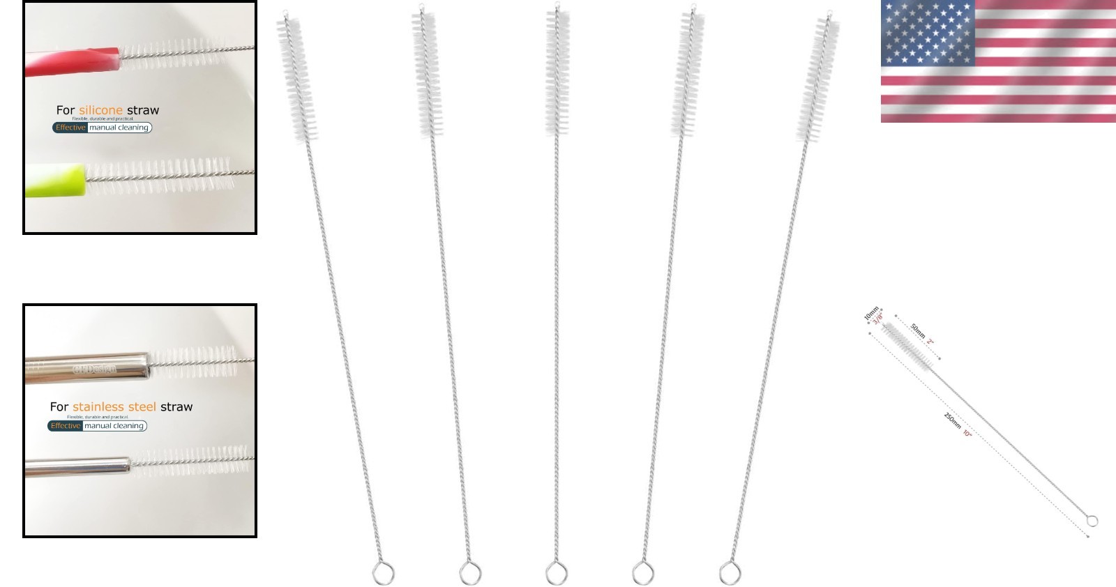 10″ Extra Long Straw Cleaning Brushes Set – 5 Durable Nylon & Stainless Steel