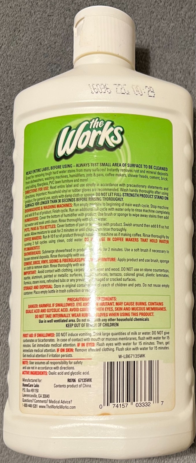 1x The Works Rust Lime Calcium Remover 13.5 FL OZ New Sealed 1 Bottle Hard Water