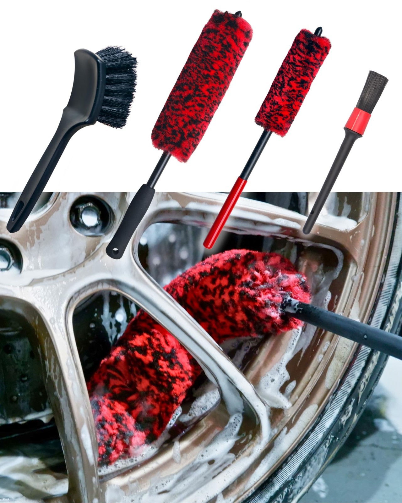 4 Pack Long Handle Wheel Brush Kit – Soft & Stiff Tire Cleaning Brushes, Durable