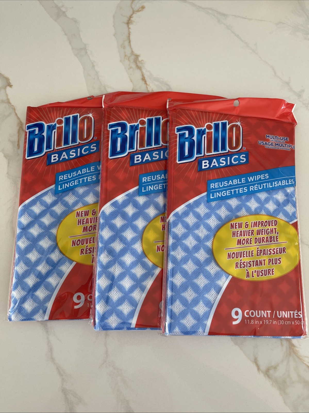 3 Pack Brillo Basics 9 Reusable Wipes Multi-Use Cleaning Kitchen Bath Windows