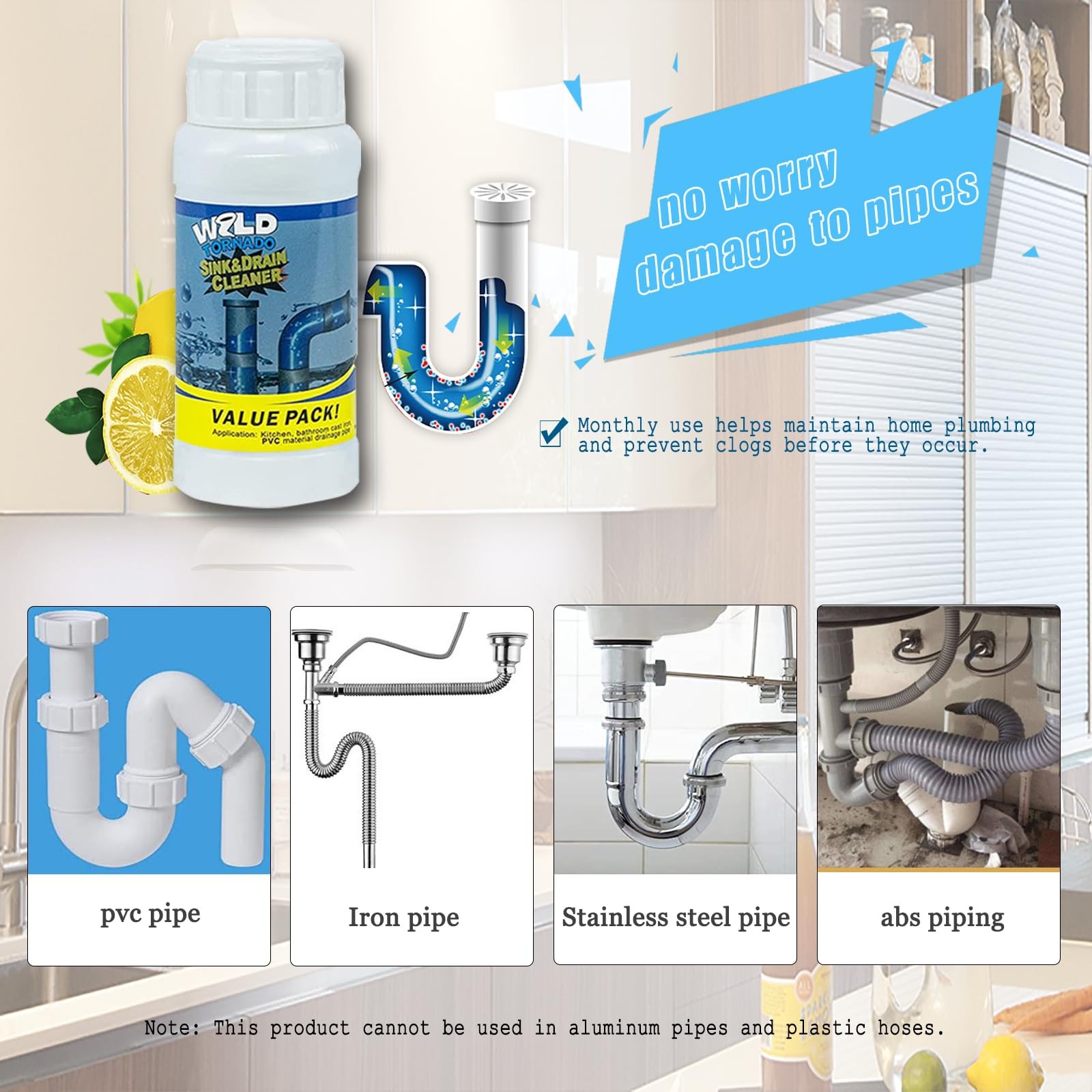 Wild Tornado Pipe Dredge, Powerful Sink and Drain Cleaner Powder, Fast Foamin…