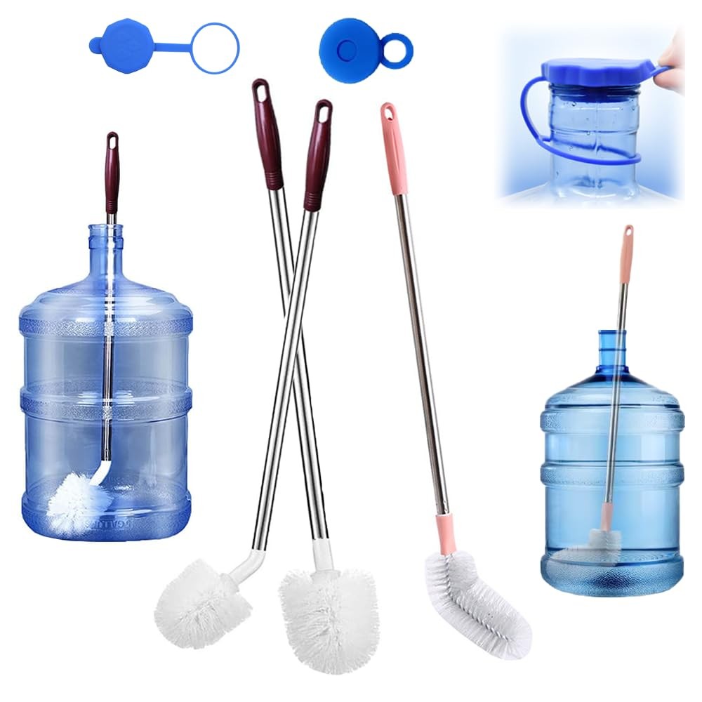 Bottle Brush, 3 Pack Long Handled Bucket Brushes with 2 Water Jug Caps, Stiff Ny