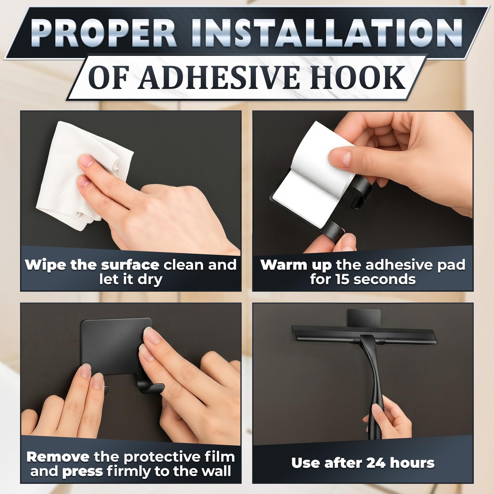 Shower Door Squeegee with Hook 10″ Silicone Blade, Stainless Steel Black Squ…