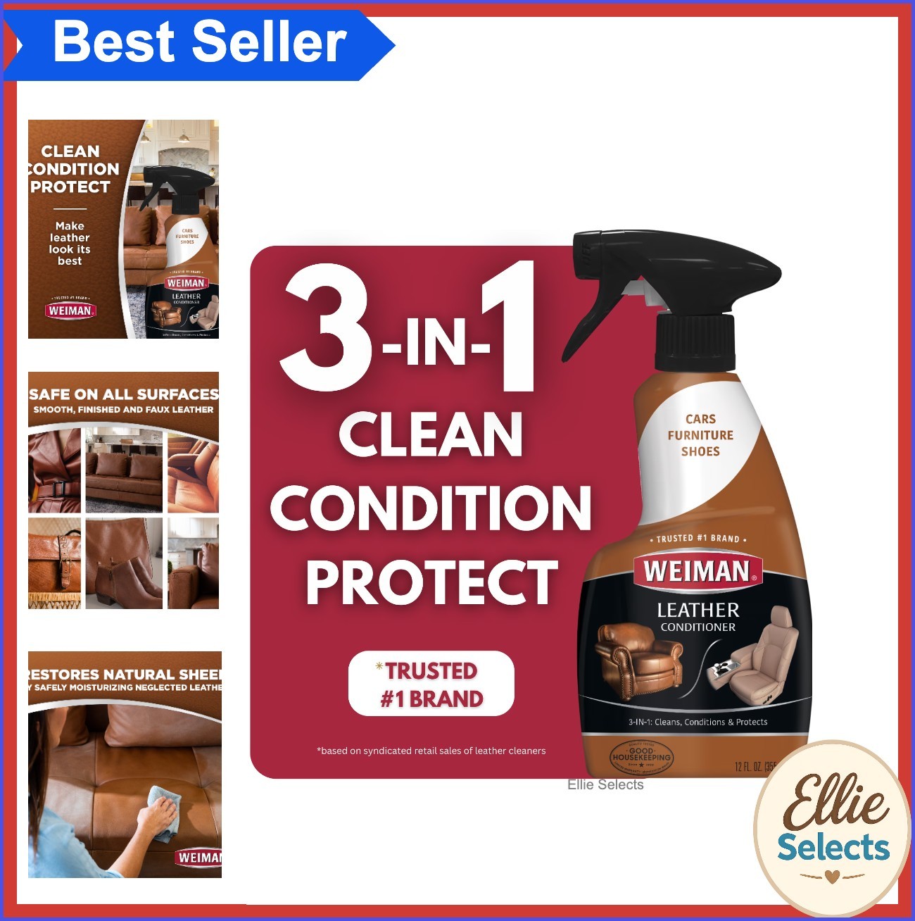 Leather Cleaner Conditioner 16oz for Furniture Car Seats Bags Shoes UV