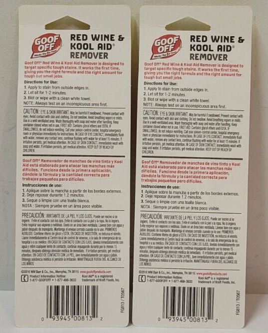 2x Goof Off Red Wine & Kool Aid Stain Remover .62 oz Coffee Juice & Sport Drinks