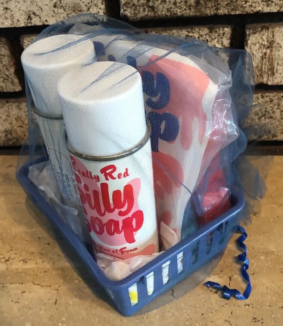 2- SILLY SOAP Spray Cans Red / Blue & 2- SPONGES By FULLER BRUSH Gift Basket