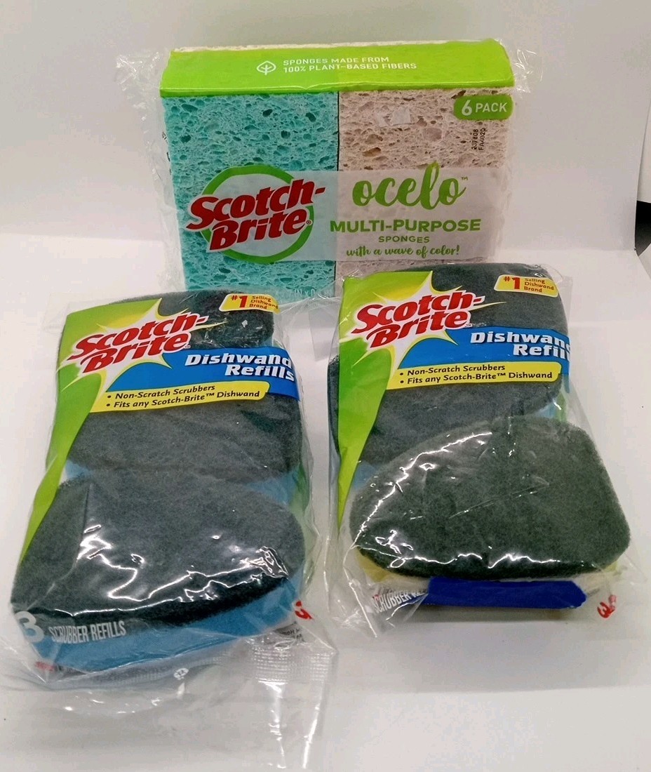 Lot of 2 Packs of 3 Scotch-Brite Dishwand Refills 3M + 6 Pack ocelo Sponges