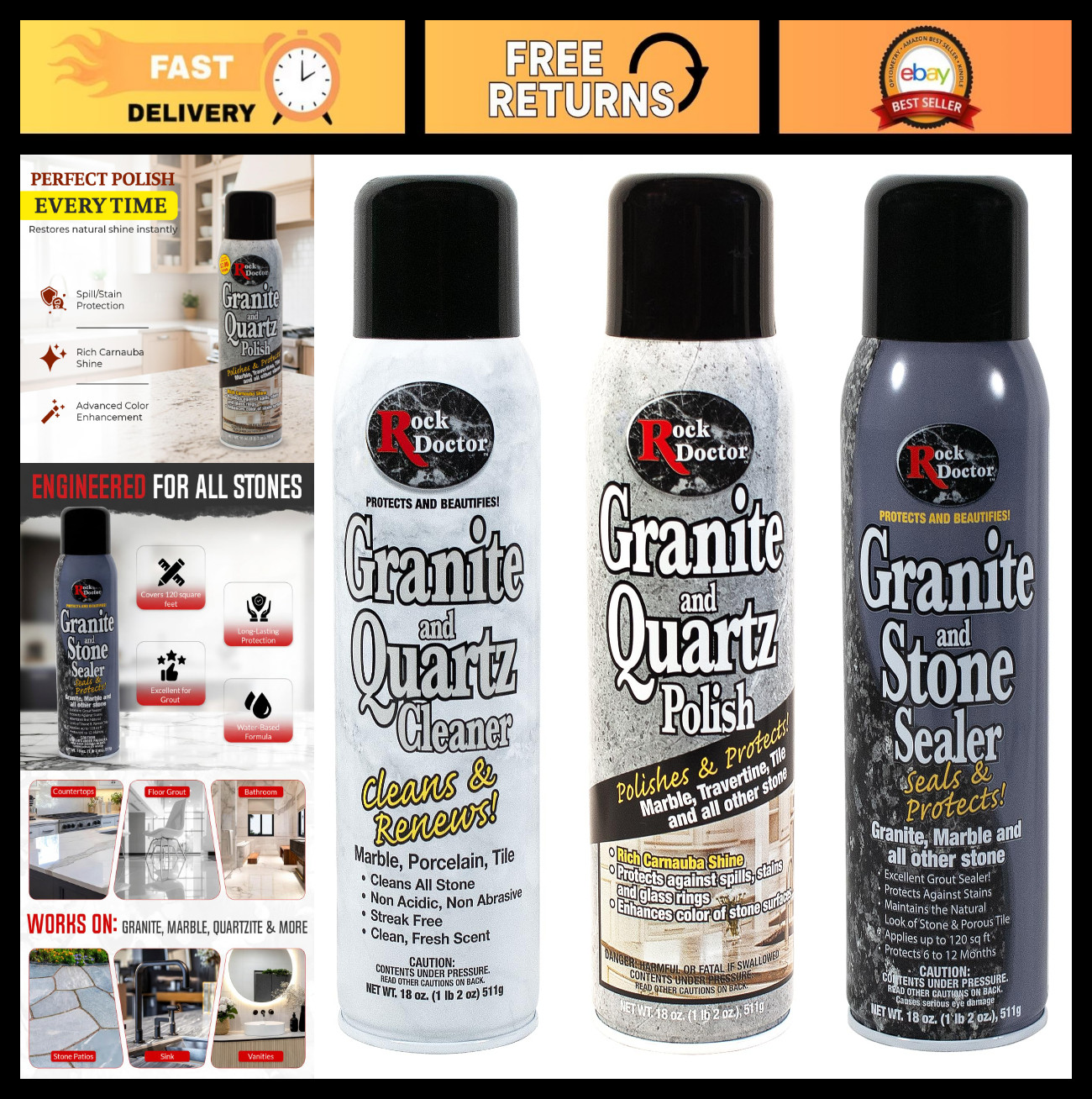 Granite & Quartz Care Kit – 3 Piece Stone Maintenance Combo for Marble, Tile, Tr