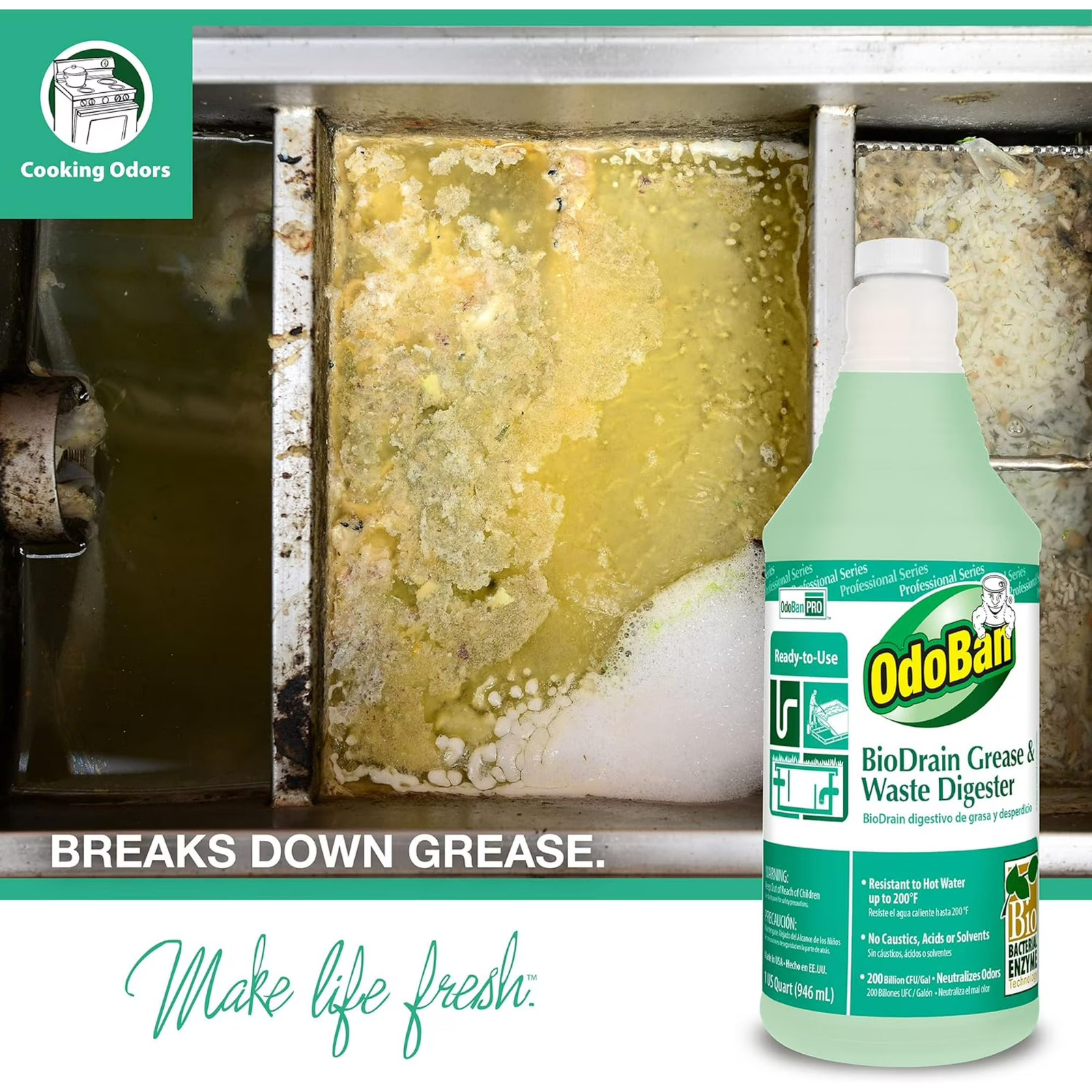 OdoBan Professional Ready-to-Use BioDrain Grease and Waste Digester, Set of 4