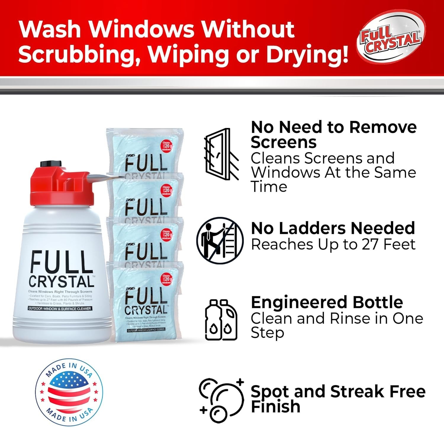 Window Cleaning Kit – 16 oz Glass Cleaner and Bottle with 27 ft , Each 4 oz B…