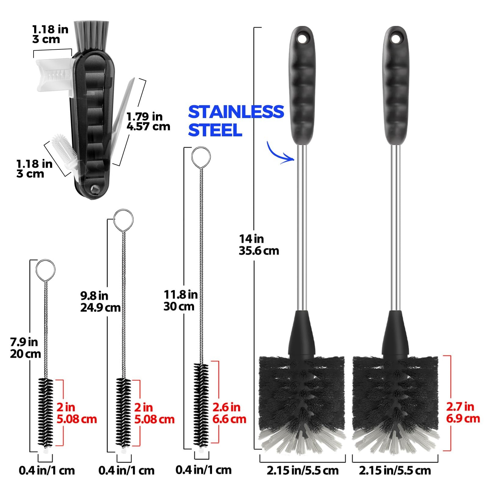 Holikme 6 Pack Bottle Brush Set, 14″ Long Handle Stainless Steel Bottle Cleaner