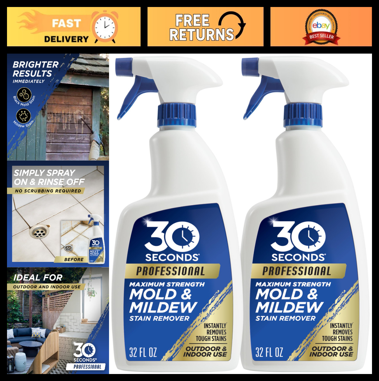 Mold & Mildew Stain Remover Spray | Instant Scrub-Free Cleaner | 32 Fl Oz (2 Pac