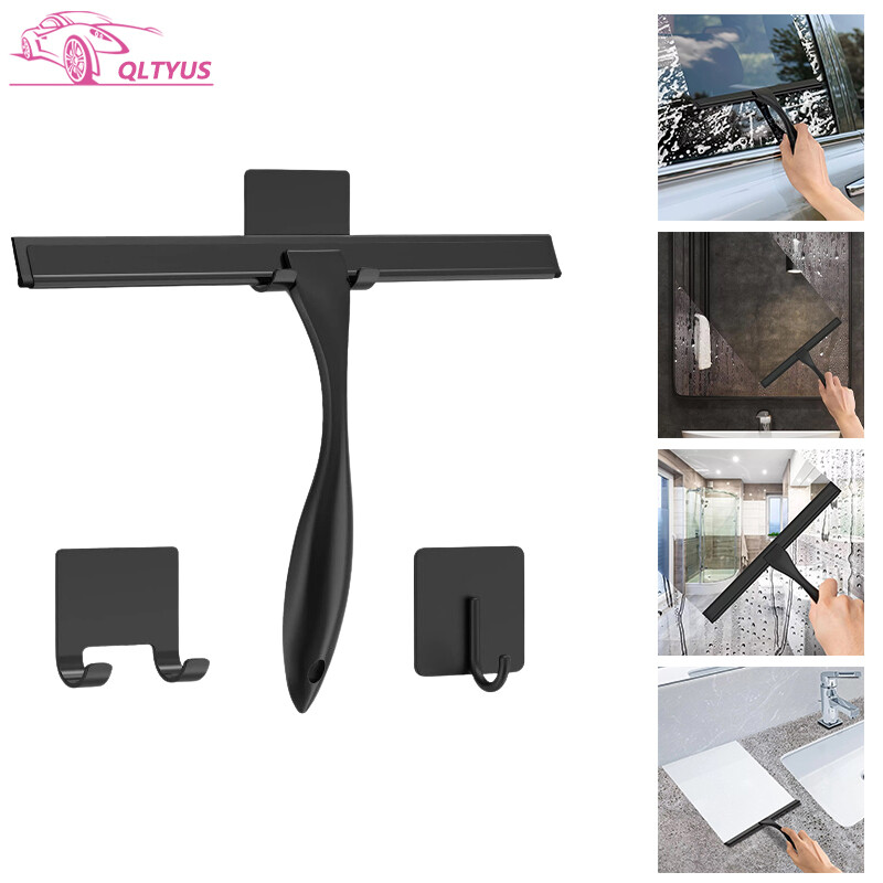 10” Shower Squeegee for Shower Doors W/2 Adhesive Hooks Stainless Steel Black