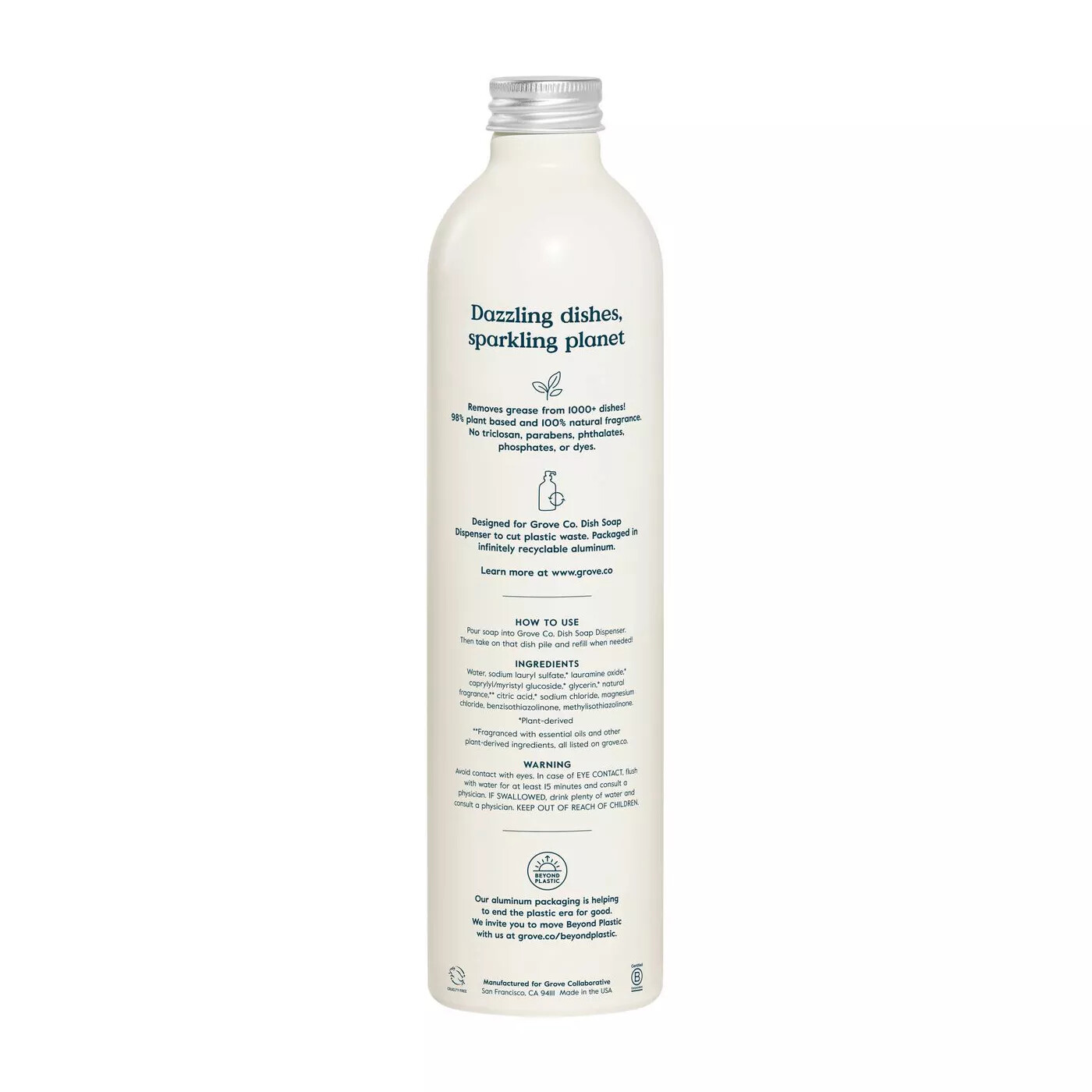 Grove Co. Ultimate Dish Soap Refill in Aluminum Bottle – Lemon & Eucalyptus 16oz