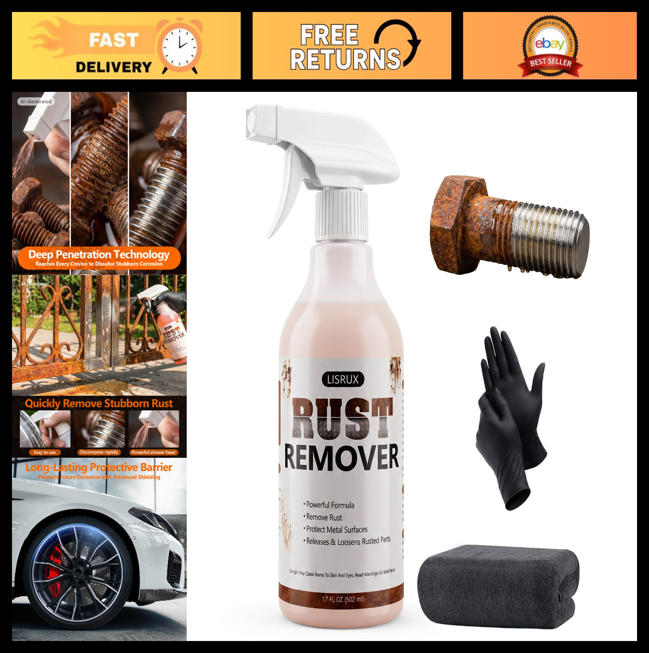 17 fl oz Rust Remover Spray – Fast-Acting Metal Cleaner for Automotive Parts & T
