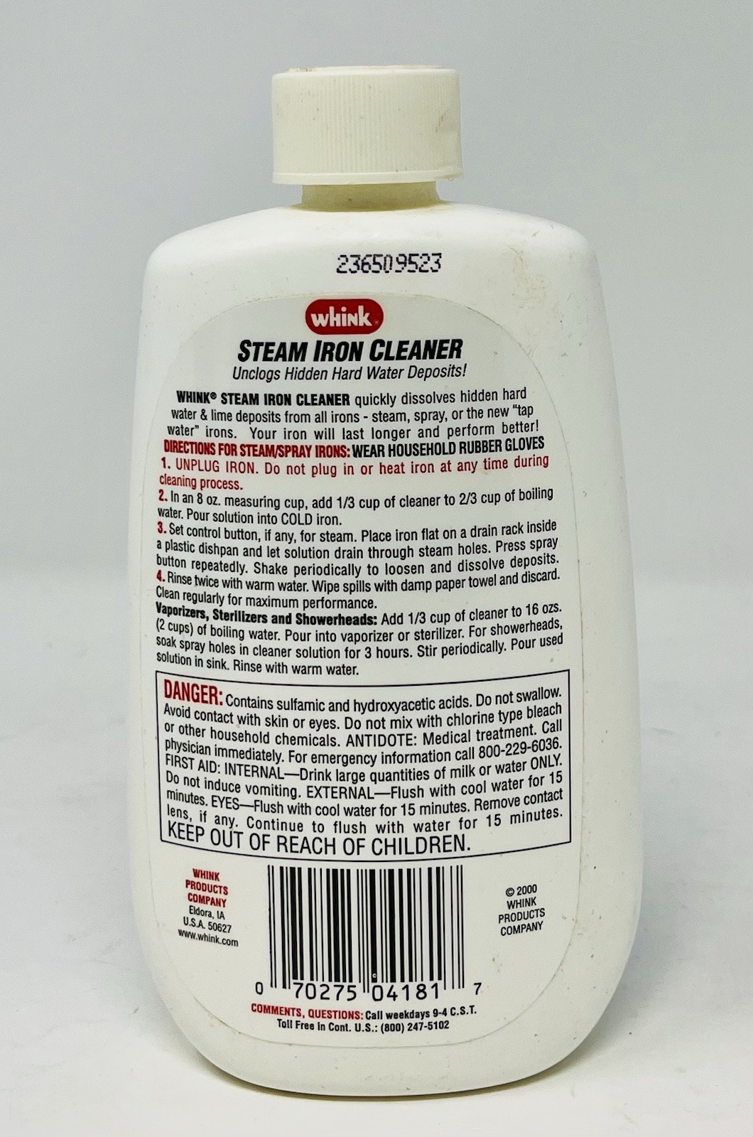 Whink Steam Iron Cleaner 10oz Clears Hard Water Deposits Discontinued 2/3rd Full