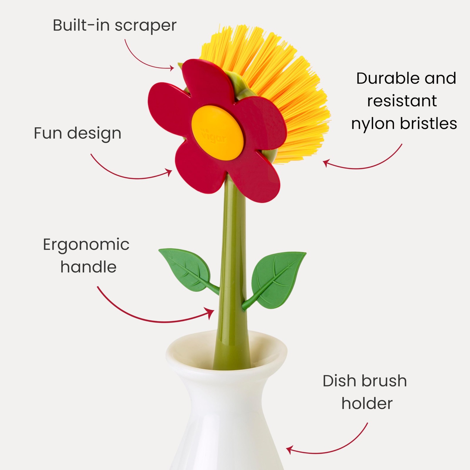 Vigar Flower Power Dish Brush with Vase Brush Holder, Dish Brush with Handle …