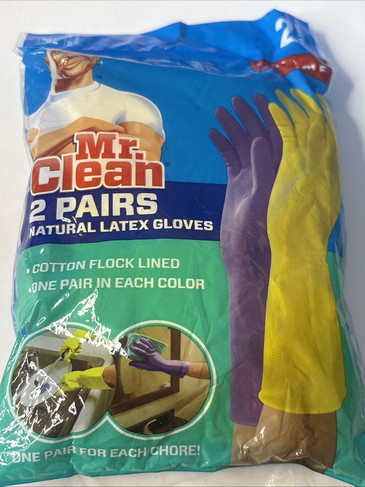 2 pair Mr Clean Natural Latex Dish Washing Gloves sz Large Cotton Flock Lining