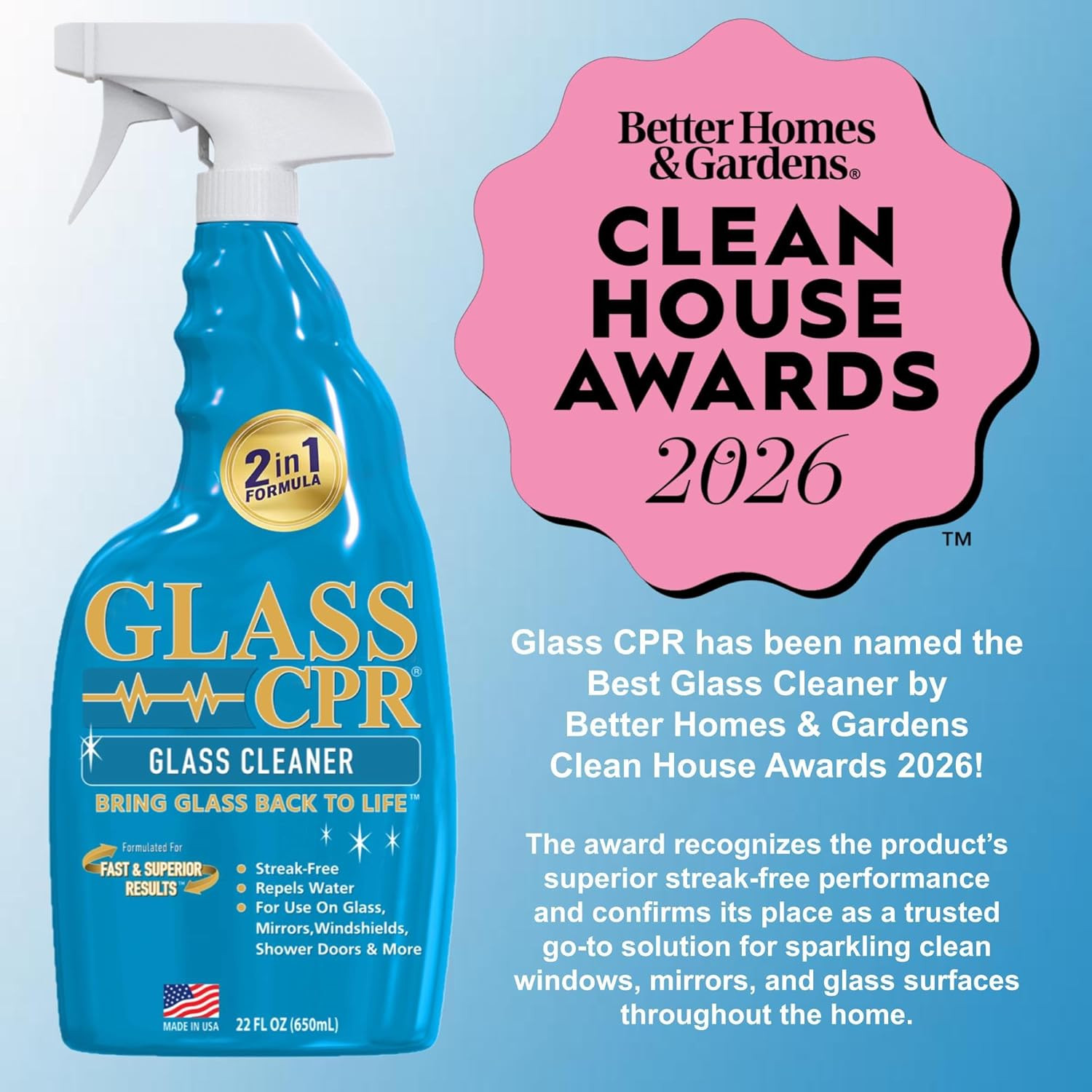 Glass CPR 2-In-1 Glass Cleaner and Water Repellent, 22 Oz Spray plus 2 Microfibe