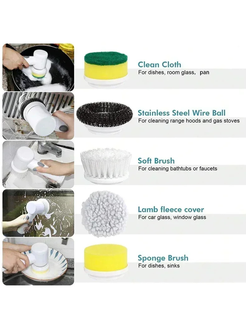 Electric Spin Scrubber Power Scrubber Cordless With 5 Replaceable Cleaning Brush