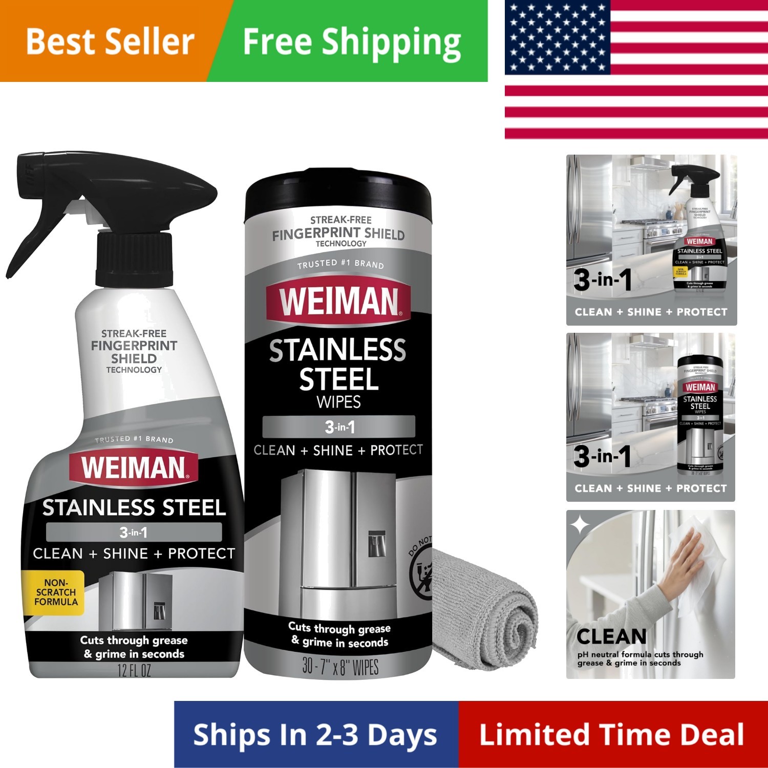 Stainless Steel Cleaner & Polish Kit, 3 Piece – Spray, Wipes & Cloth, Anti-Fi…