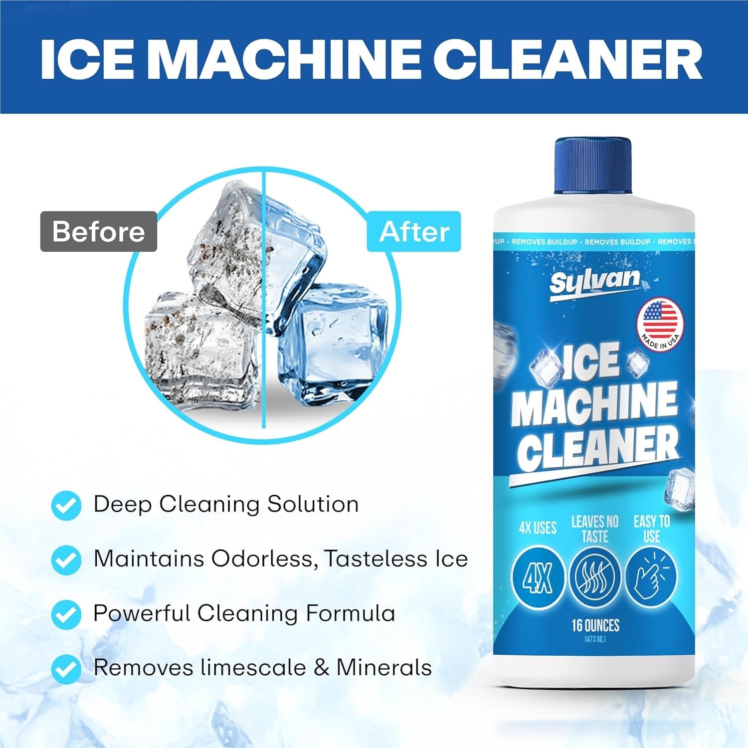 Sylvan Ice Machine Cleaner and Descaler | 32 Oz (8 Uses) | Free Cloth