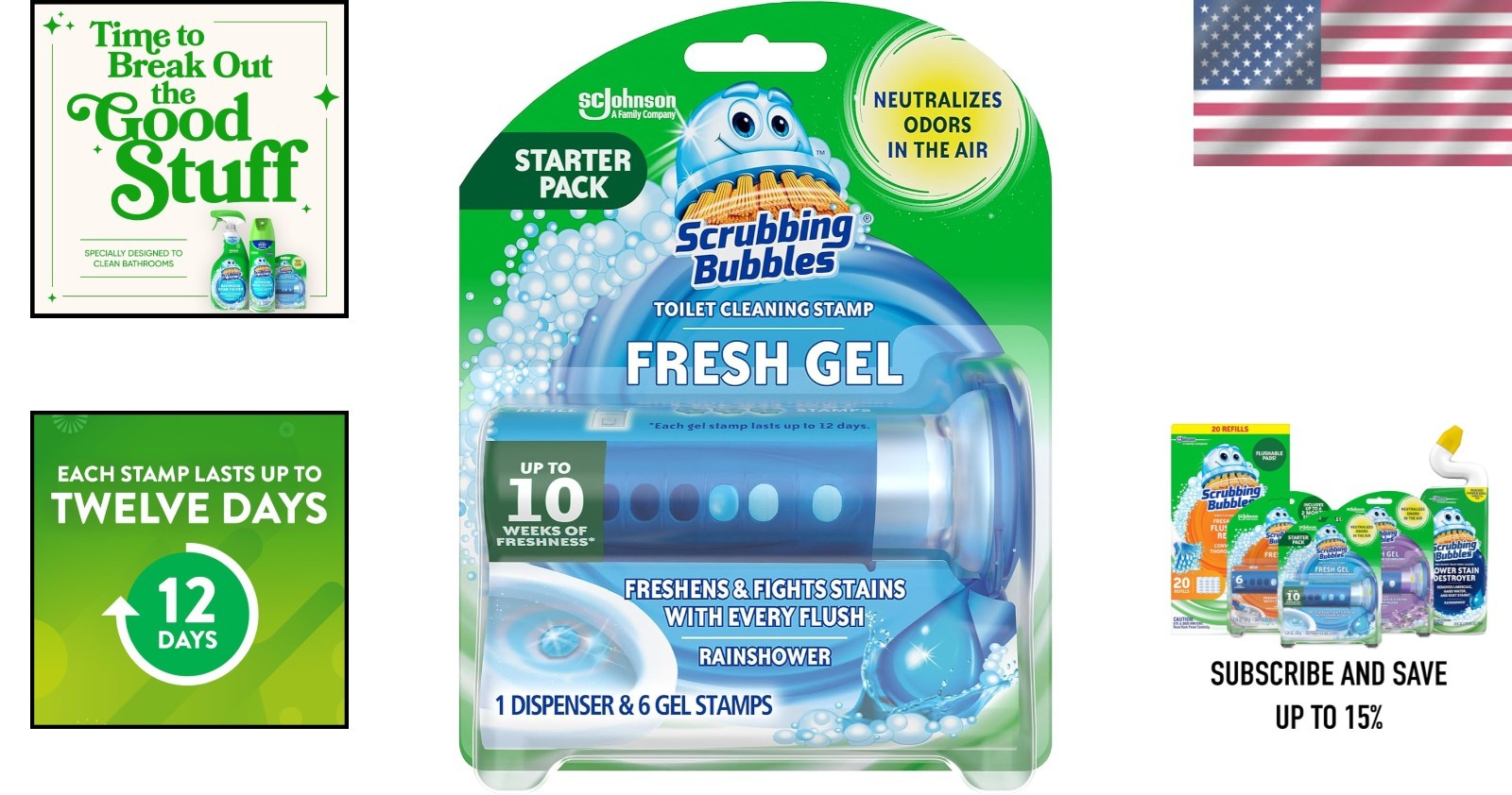Scrubbing Bubbles Fresh Gel Toilet Cleaning Stamps – Rainshower Scent, 6 Count