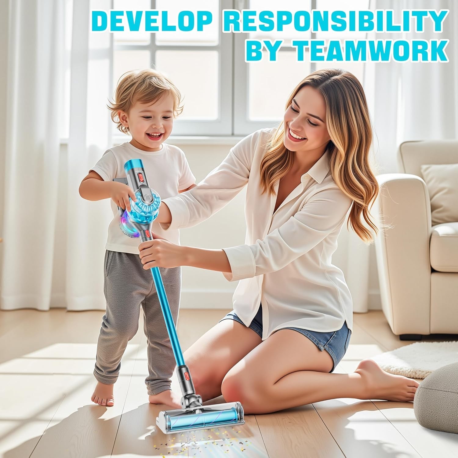 Kids Toy Vacuum Cleaner 4-in-1 Suction Sound Lights Toddler Playset for Children