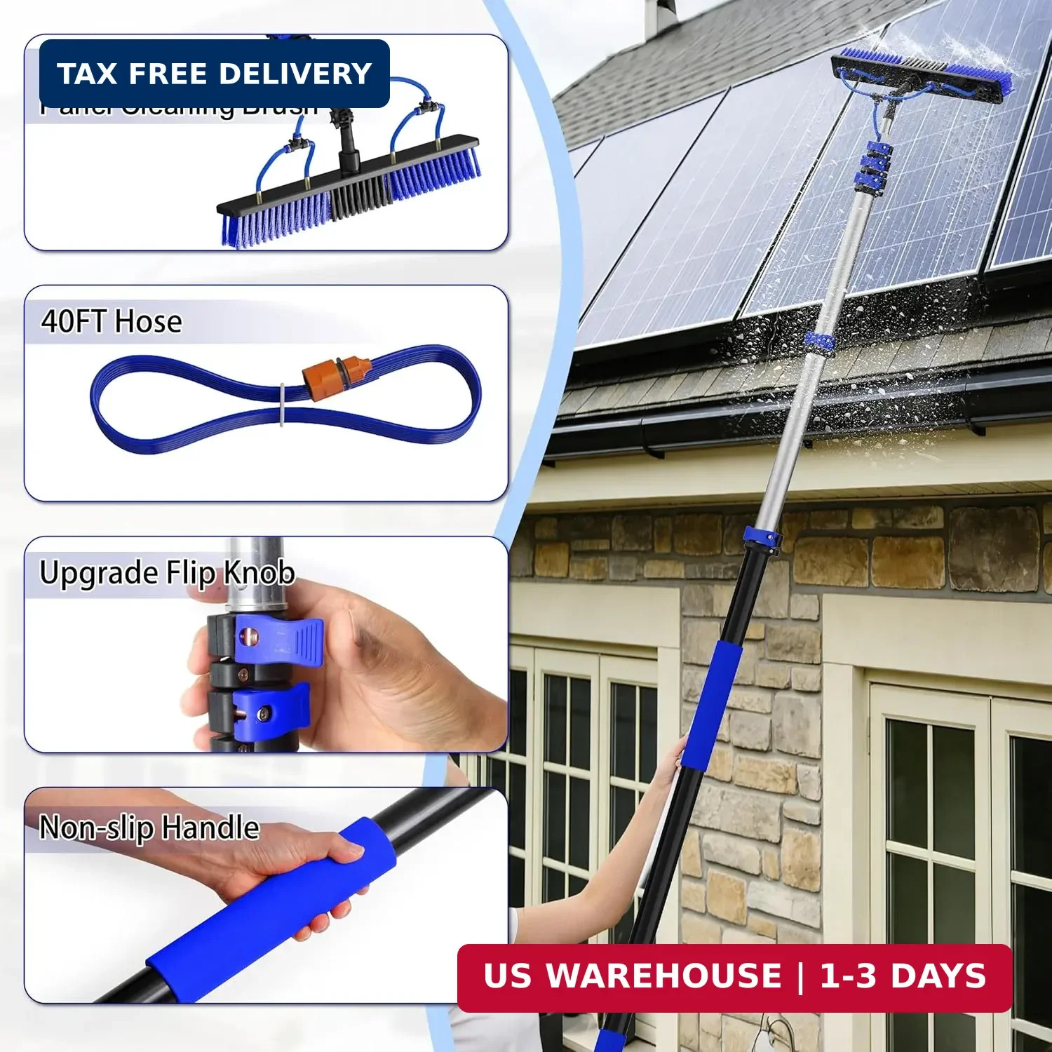 30FT Reach Solar Panel Cleaning Brush Kit with 5-24FT Telescoping Pole, 40FT Hos