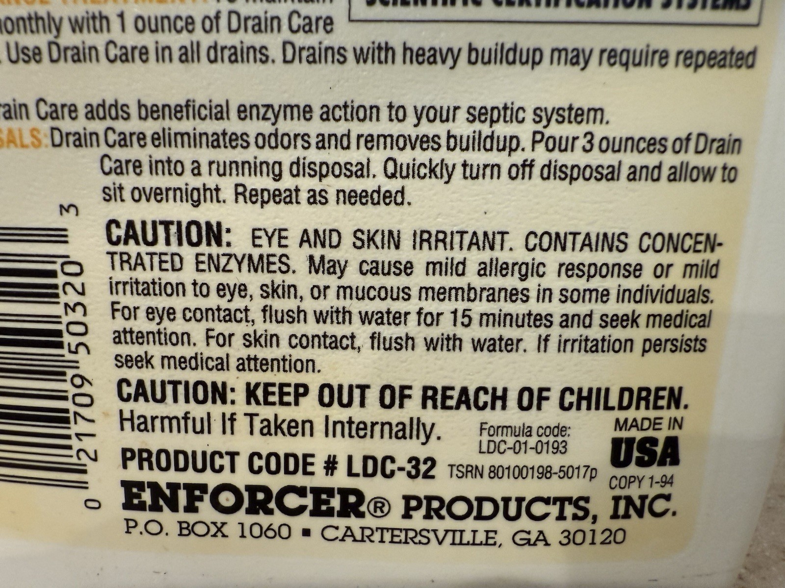 Vintage Liquid Drain Care Build Up Remover By Enforcer 1994 New Sealed