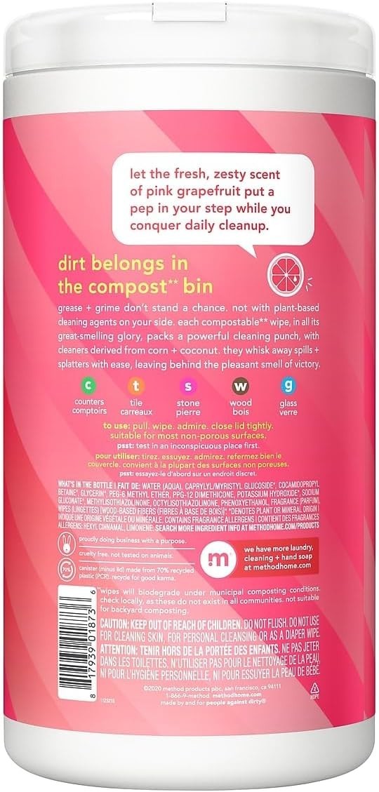 Cruelty-Free Multi-Surface Cleaning Wipes – Pink Grapefruit, 70 Count Canister