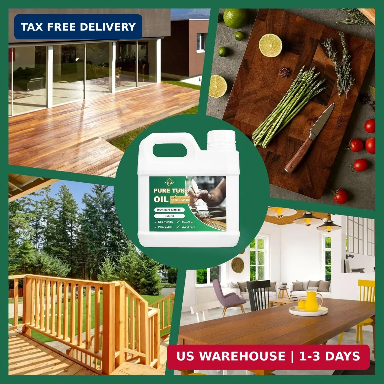 32OZ 100% Pure Tung Oil for Wood-Pure Natural Wood Oil for Indoor & Outdoor Use,