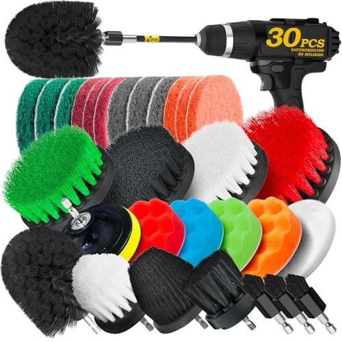 30-Piece Drill Brush Set with Long Handle, Scrub Pads for Grout, Tiles, Bathtub,