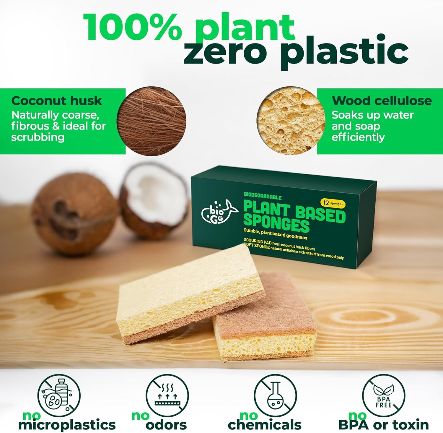 12 Pack Natural Biodegradable Kitchen Sponges – Eco-Friendly, Compostable,