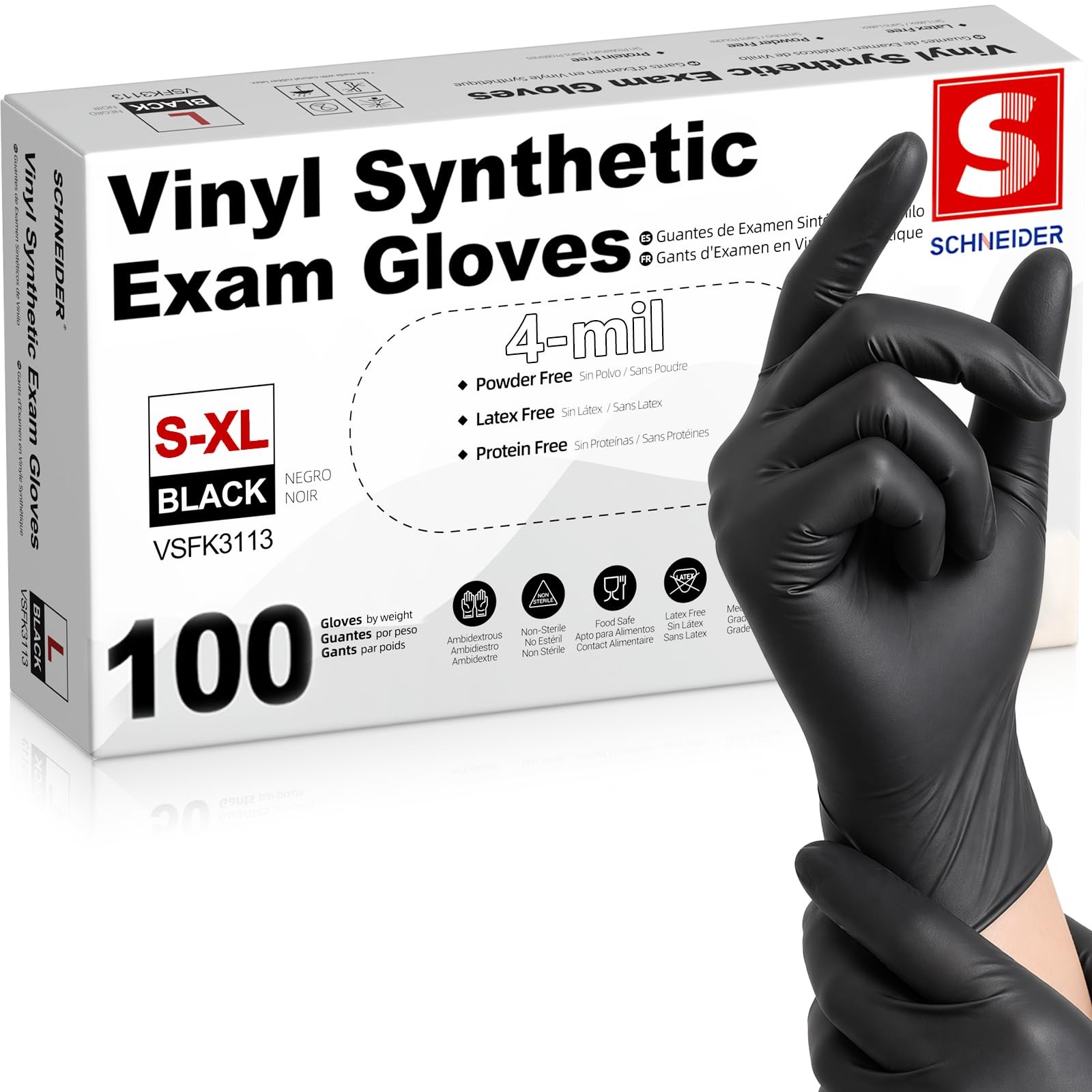 Schneider Black Vinyl Exam Gloves, Medium (Pack of 100), 02 Black(medium 100)