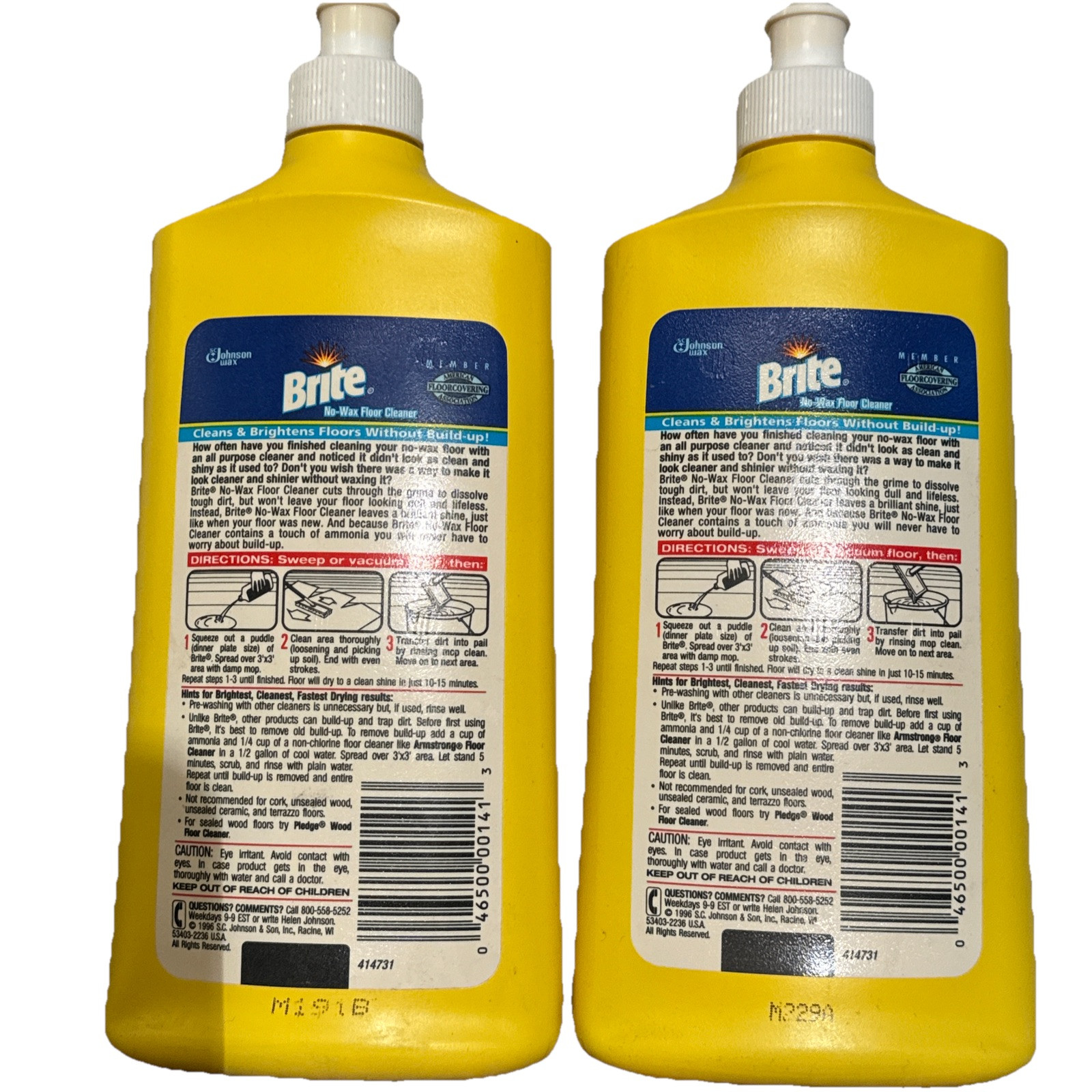 TWO Vintage 1990’s Brite Floor Cleaner 16 oz SC Johnson Wax For No Wax Floors