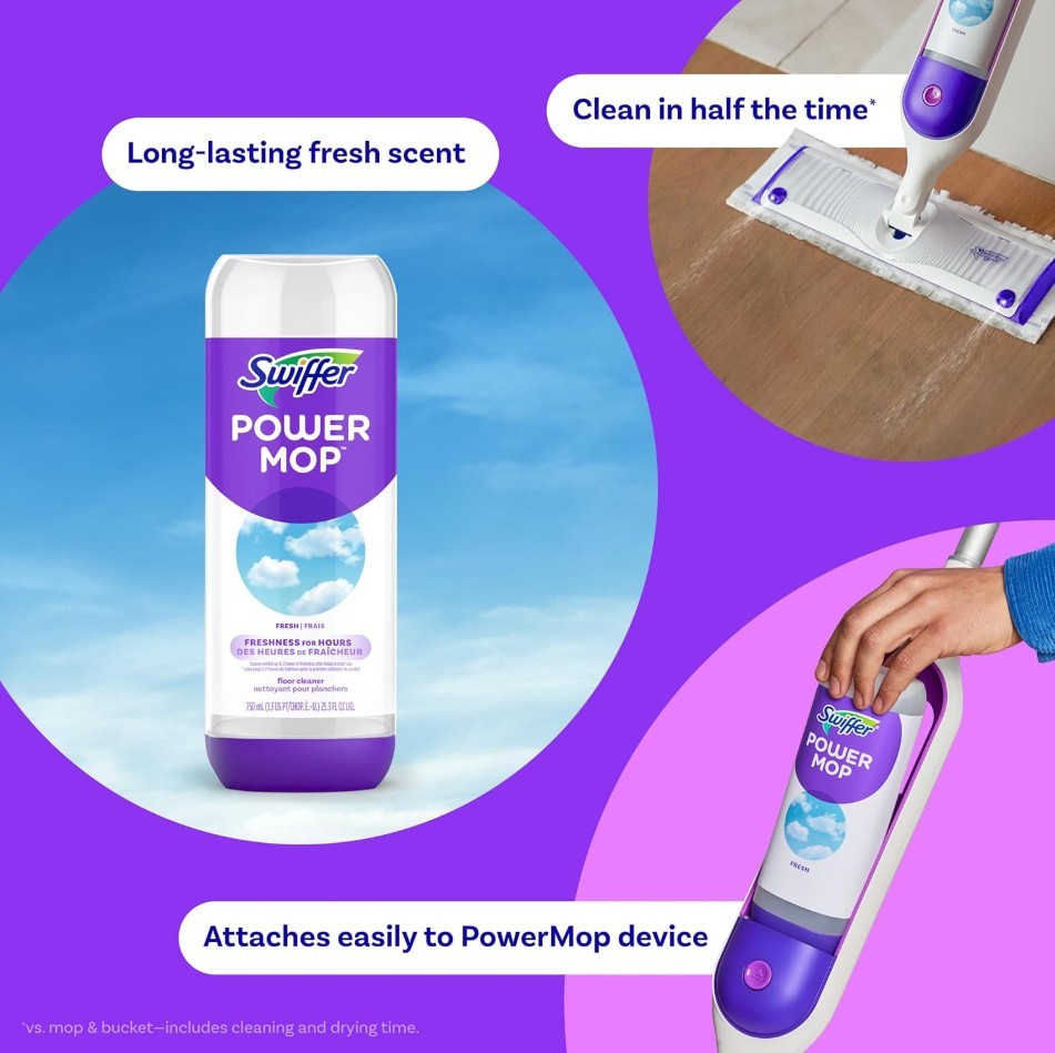 Swiffer Power Mop Floor Cleaning Solution Fresh Scent Floor Cleaner,25.3 oz, 2x.