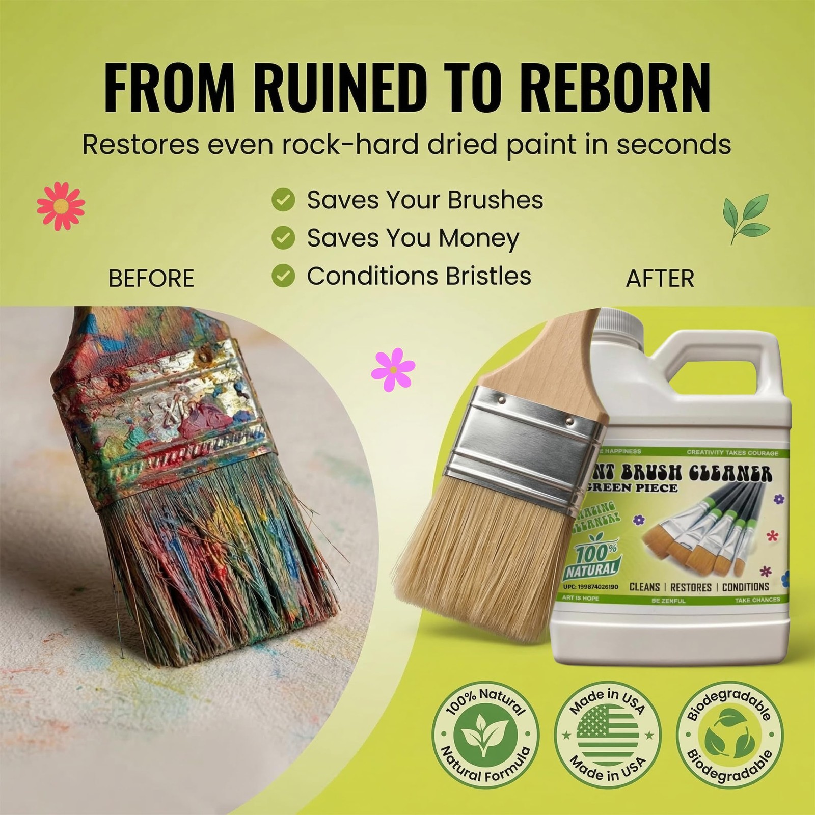 Natural Paint Brush Cleaner & Restorer – Non-Toxic, 18 Oz – Cleans Acrylic, Late