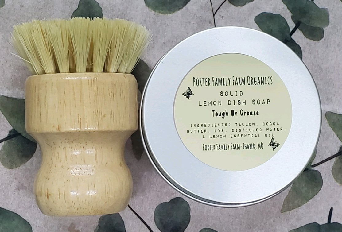 Solid Dish Soap & Scrub Brush All Natural*LEMON* Porter Family Farm Organics 4oz