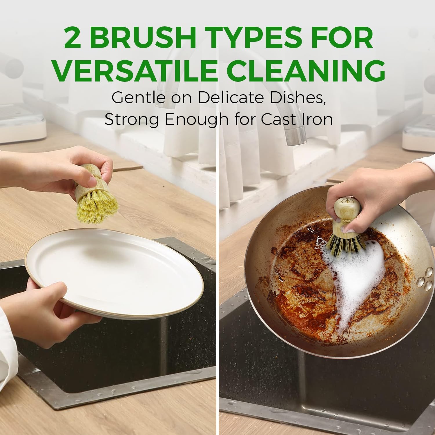3 Pack Bamboo Dish Scrub Brush Set Natural Wooden Sisal Coconut Bristle Pots