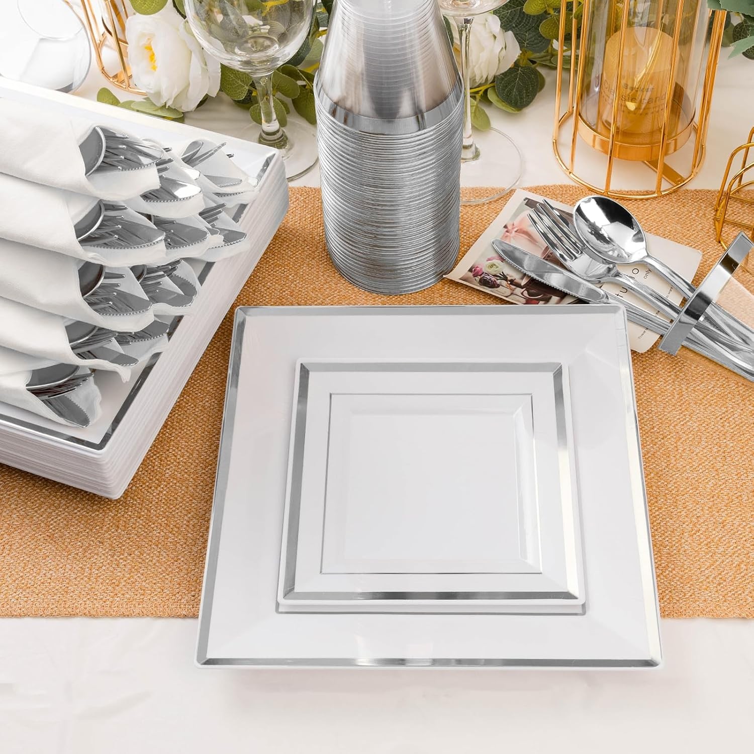 Goodluck 352 Pieces Silver Dinnerware Set for 50 Guests, Square Plastic Plates