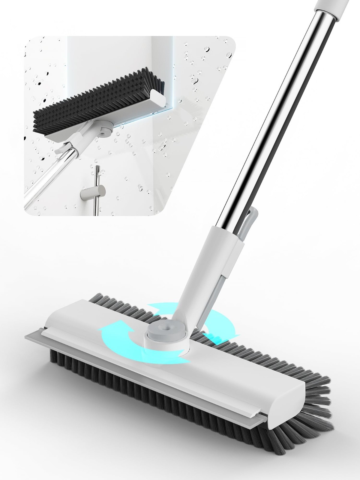 Heavy-Duty Floor Scrub Brush with Long Handle, 3-in-1 Stiff Bristles & Squeegee