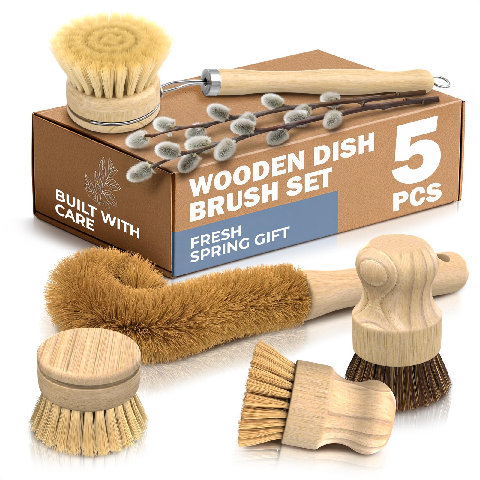 Bamboo Dish Brush Set Scrubber Soft Stiff Bristles 5PK Eco Friendly