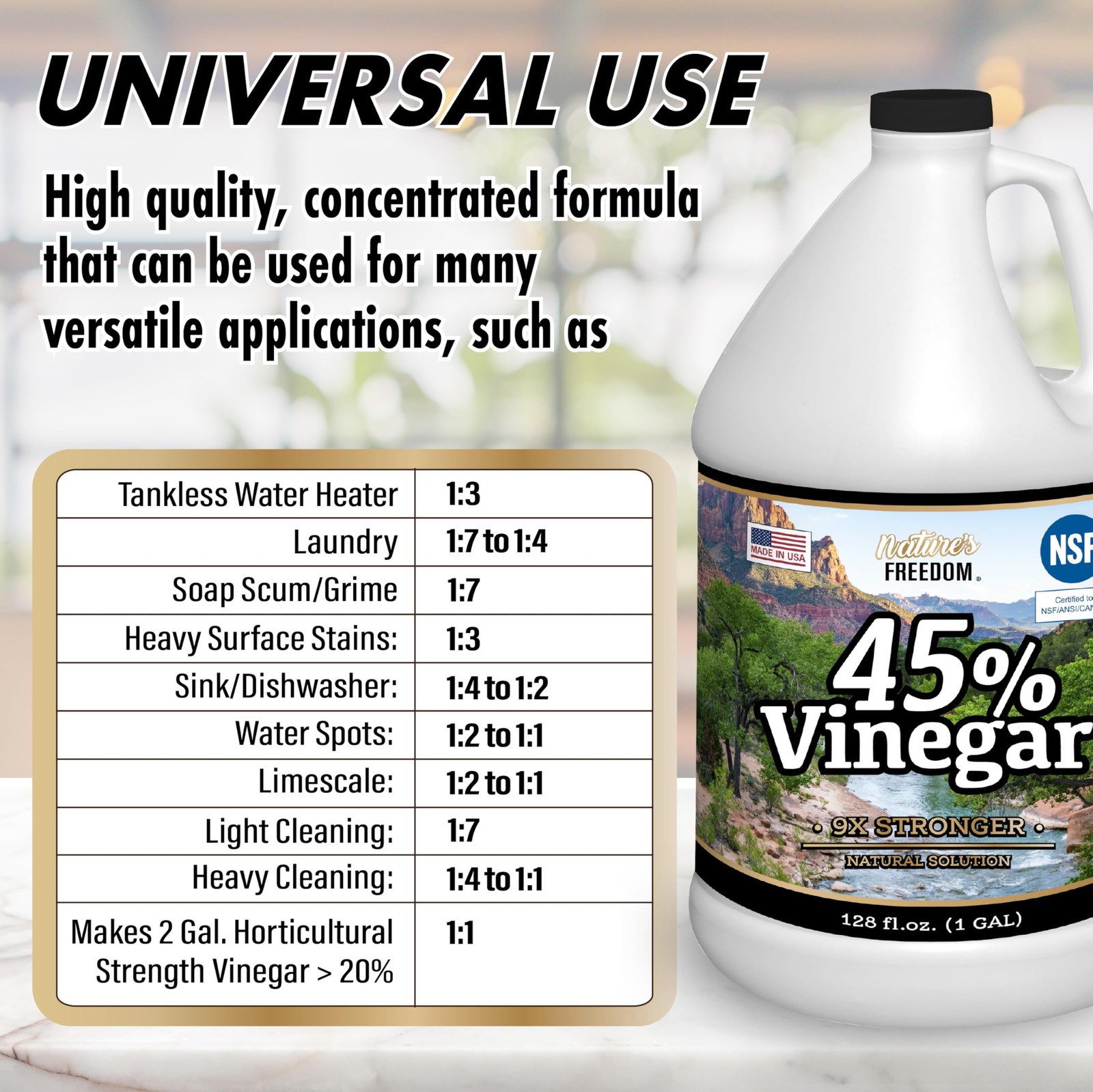 45% Concentrated Vinegar, NSF Certified, 1 Gallon – Dilutes to 9 Gallons – 9x…