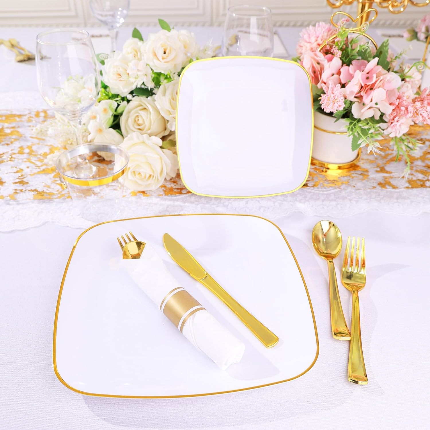 Sylans 350PCS Square Disposable Dinnerware Set for 50 Guests, Gold Plastic Pla