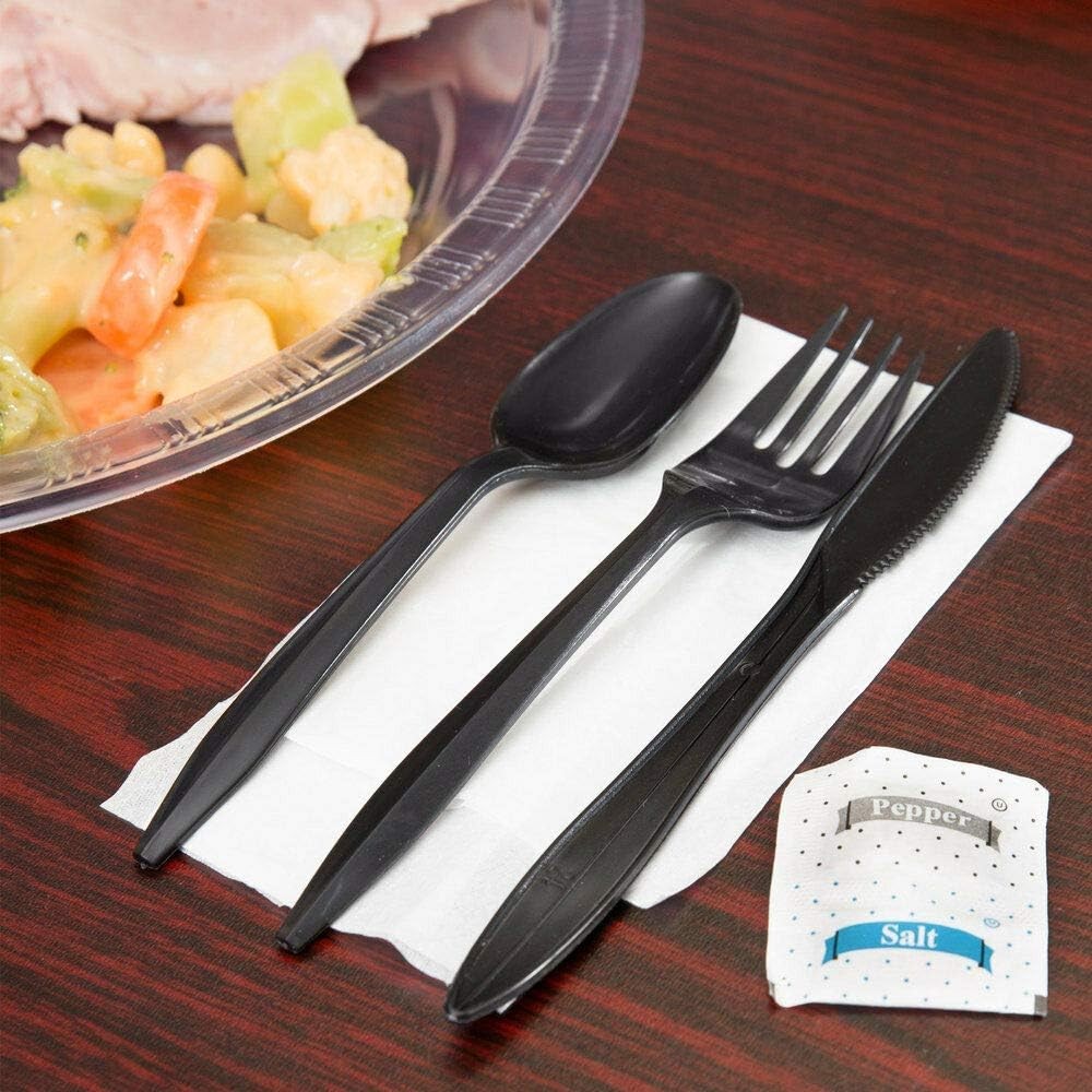 450 Black Plastic Cutlery Packets – Knife, Fork, Spoon, Napkin, Salt, Pepper S