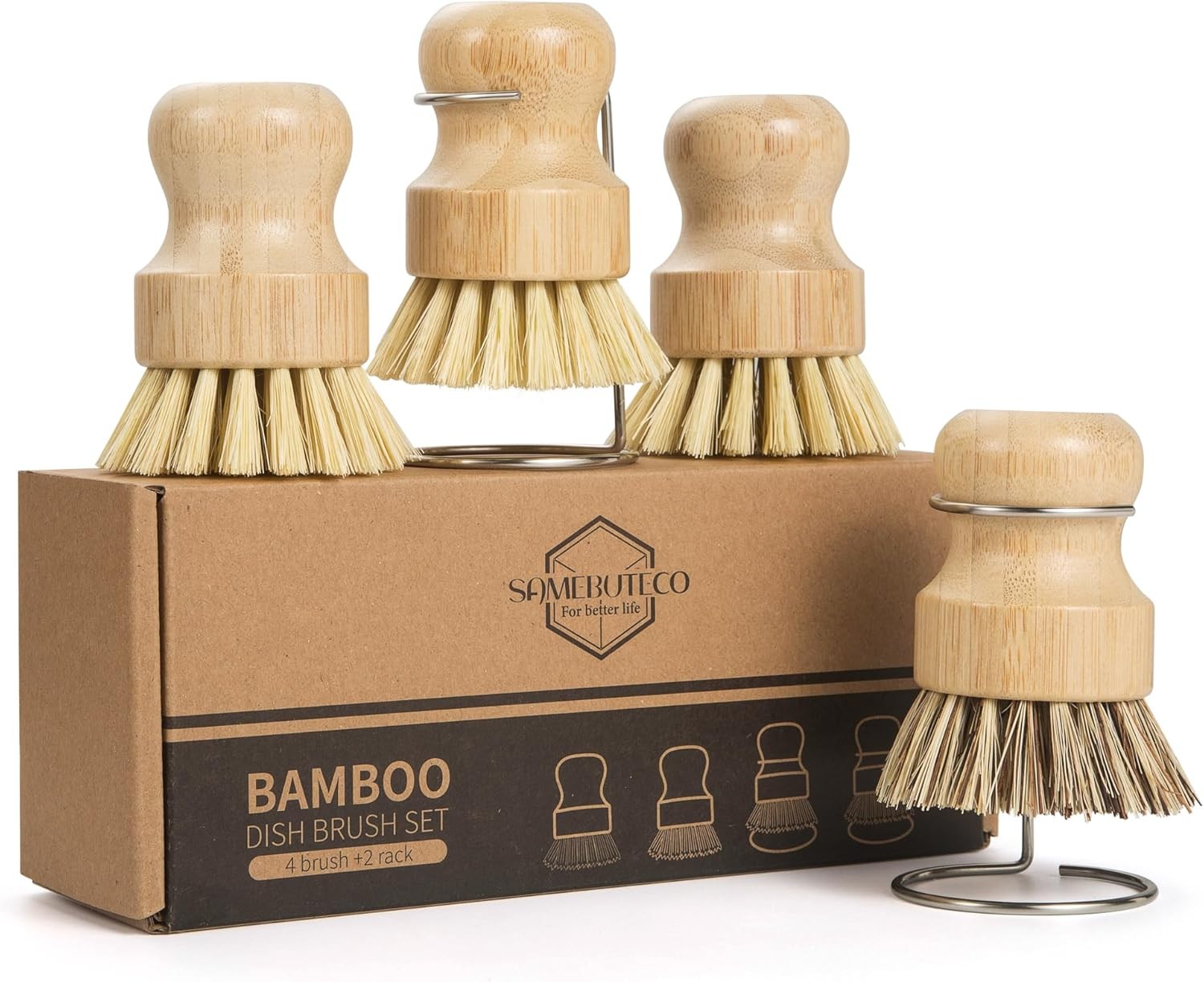 6-Piece Bamboo Dish Brush Set with 2X Fast-Dry Stainless Steel Holder,3xNatural