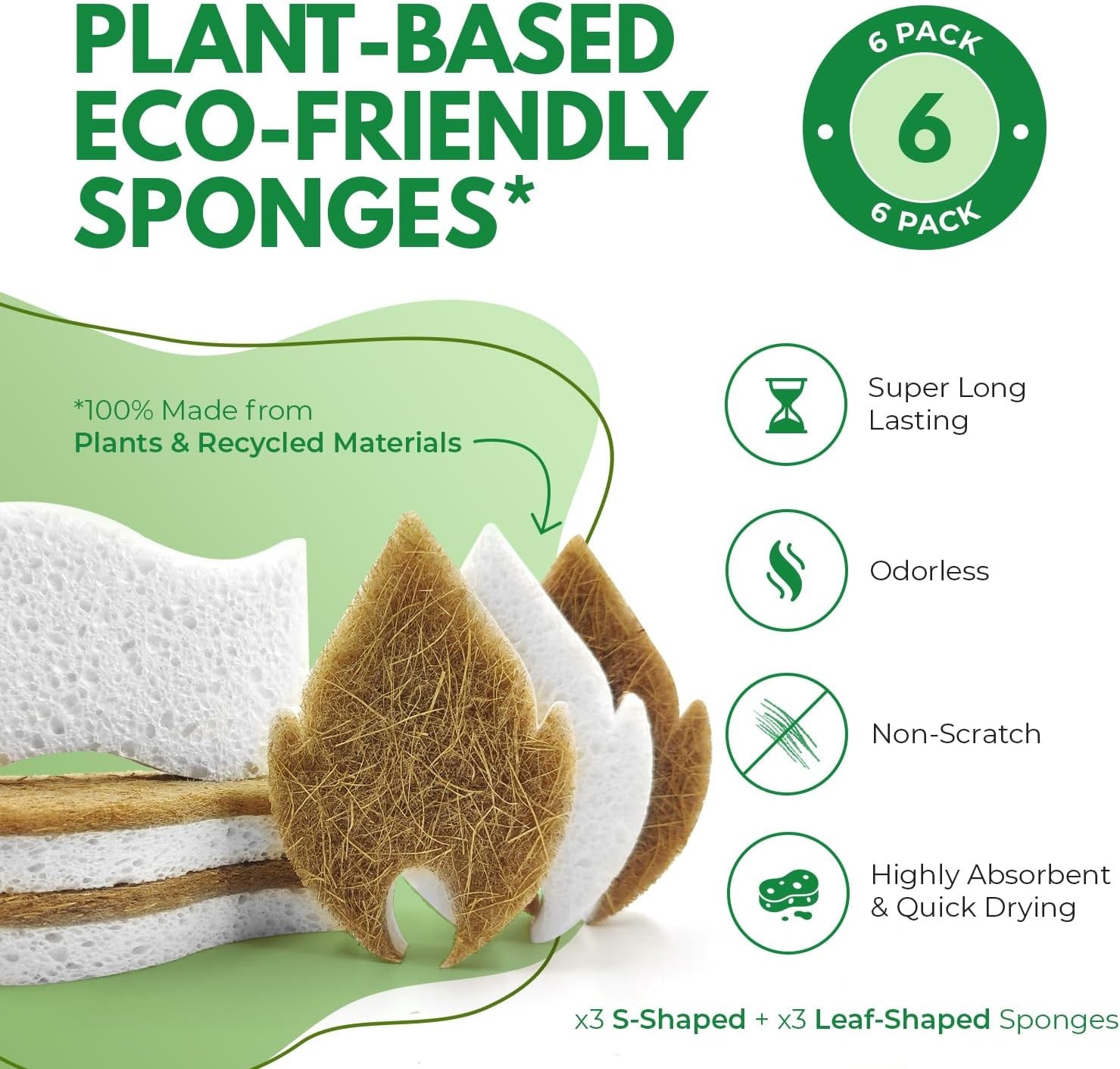 Natural Kitchen Sponges (6 Pack) – Biodegradable Cellulose & Coconut Scrubber